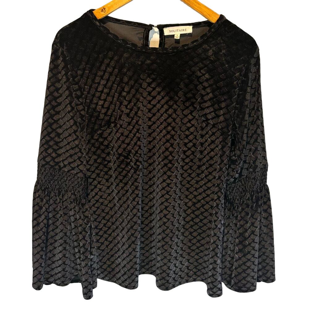 Solitaire Textured Black Velvet Bell Sleeve Blouse Top - size Small